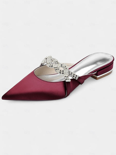 Satin - Pointed-Toe Rhinestone Detailing Blue with Heels Mule FashionChic