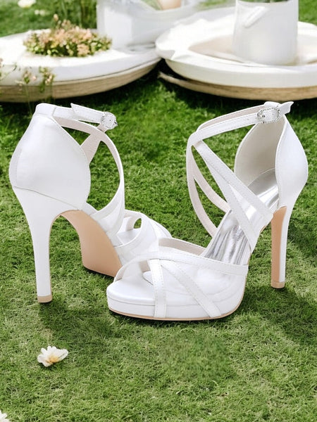 Heel Cross White Sandals - with Satin High Straps Perfect Bridal FashionChic