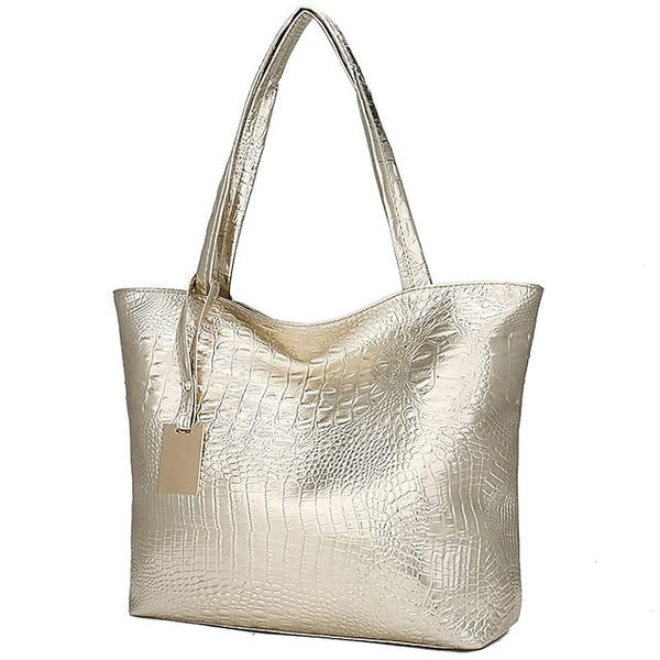 Bag Faux Large Tote Embossed Women's Croc Silver | Capacity FashionChic