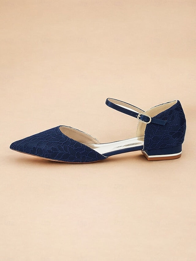 Strap Ankle and Pointed Lace Women's with Navy Flats Blue FashionChic