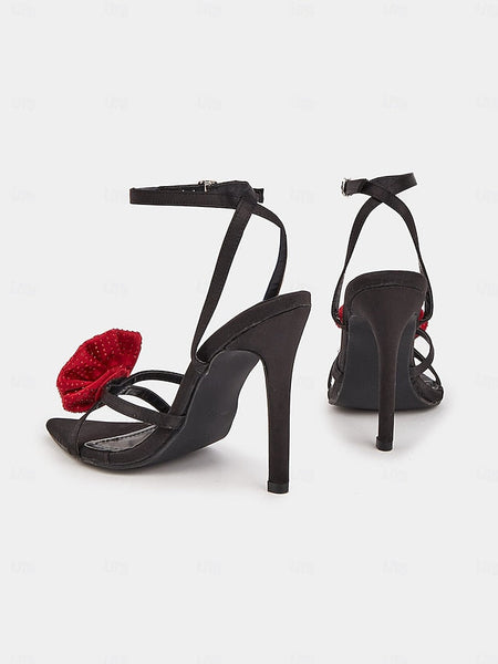 - with Chic Heel Embellishments Black Red Sandals High Floral FashionChic