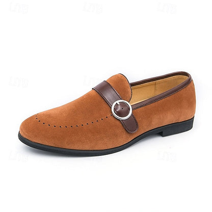 with Loafers Slip-On Suede Buckle Strap Brown Men's Faux FashionChic