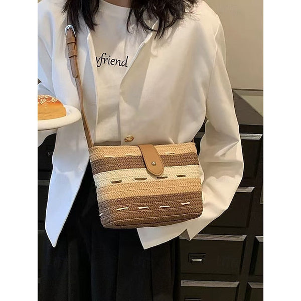 Striped with Bag Colorblock Women's Straw Woven Brown Tote FashionChic