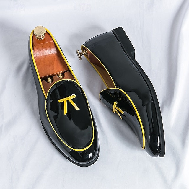 with Leather Patent Yellow Black Faux Men's Loafers Trim FashionChic