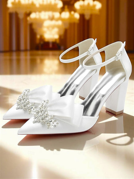 Block Crystal Pumps Bow Satin with Heel and Women's FashionChic