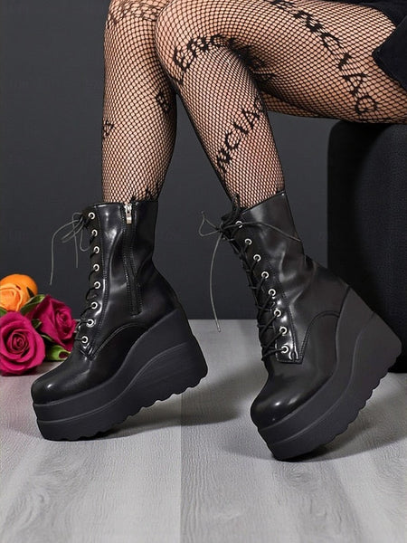 Red Ankle and Lace-Up Platform Women's Boots Black - Bold FashionChic