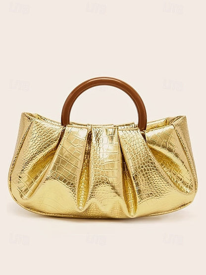 with Pleated Women's Faux Leather Acrylic Tote Bag Clutch FashionChic