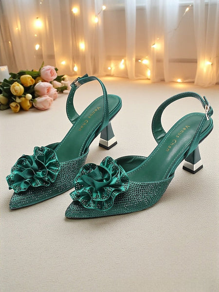 Women's Floral Heels Purple Slingback with Rhinestone FashionChic