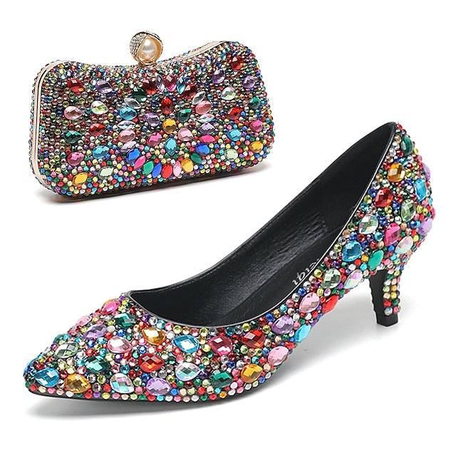 Matching Kitten Crystal-Embellished and Heel Shoes Women's FashionChic