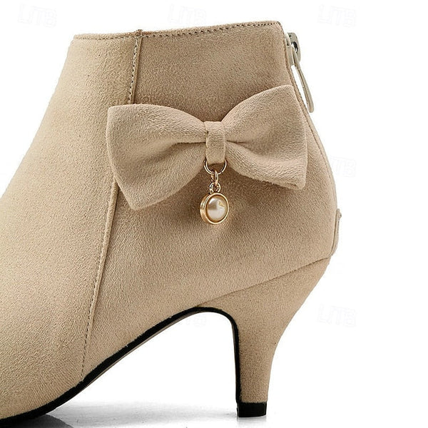 Pink Boots Women's Bow Pearl Charm Suede with and Ankle FashionChic
