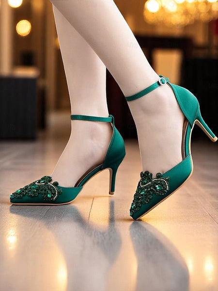 Pointed – Emerald Women's Green Strap Ankle Heels Satin FashionChic