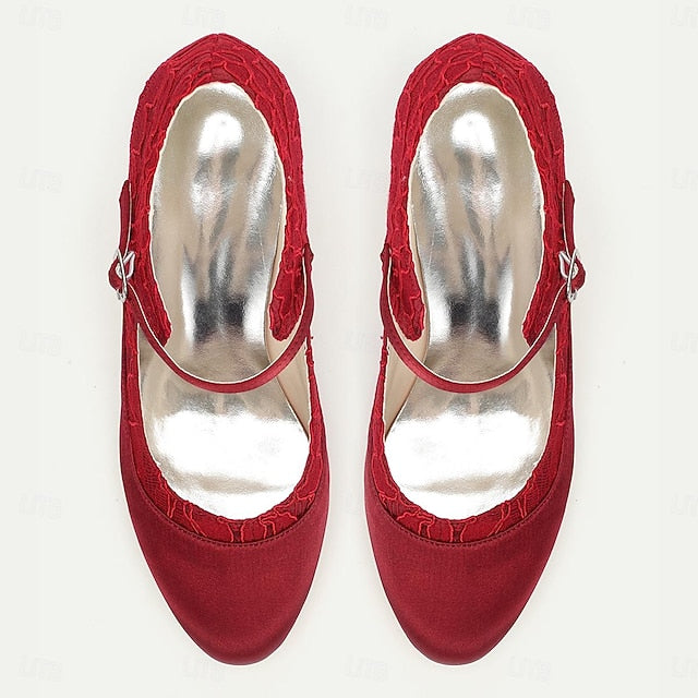 Heels Mid-Heel Satin Women's Lace - Elegant Comfortable Red FashionChic