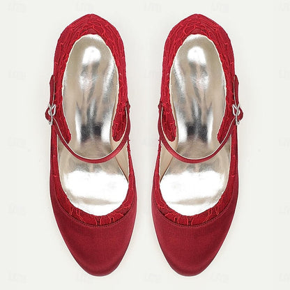 Heels Mid-Heel Satin Women's Lace - Elegant Comfortable Red FashionChic
