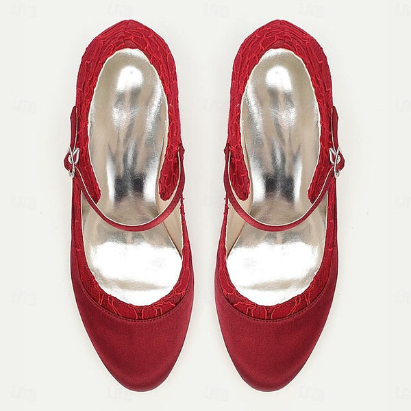 Heels Mid-Heel Satin Women's Lace - Elegant Comfortable Red FashionChic