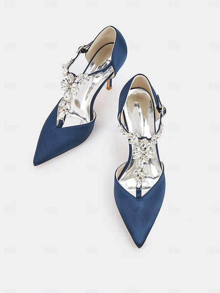 Satin Heels – Blue Pointed Toe T-Strap Women's Navy FashionChic