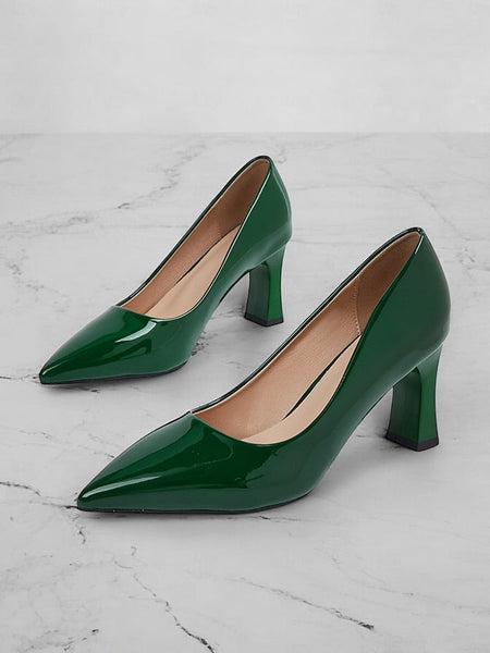 Pointed-Toe Glossy Patent Leather Heel Green Pumps Faux Block FashionChic