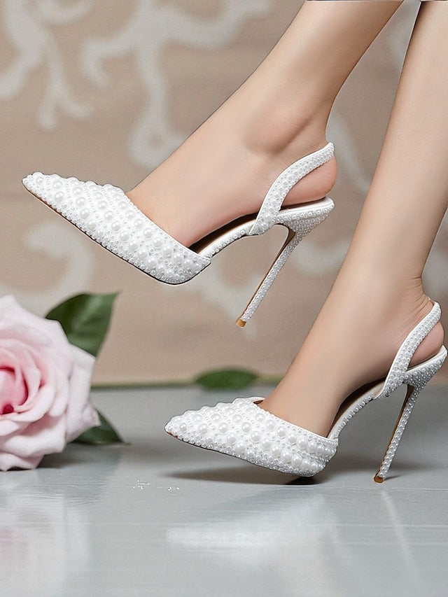 Women's Leather Pearl-Embellished - White Heels Slingback FashionChic