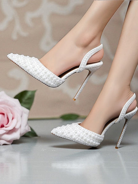 White Pearl-Embellished Slingback Heels Leather Women's - FashionChic