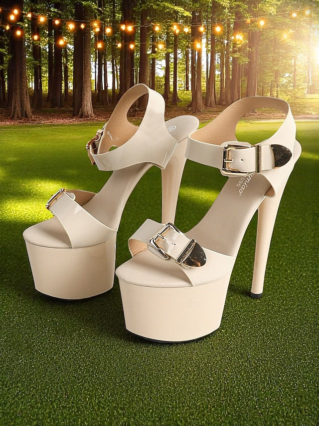 Patent White Gold Buckle Heels High Platform Women's with FashionChic