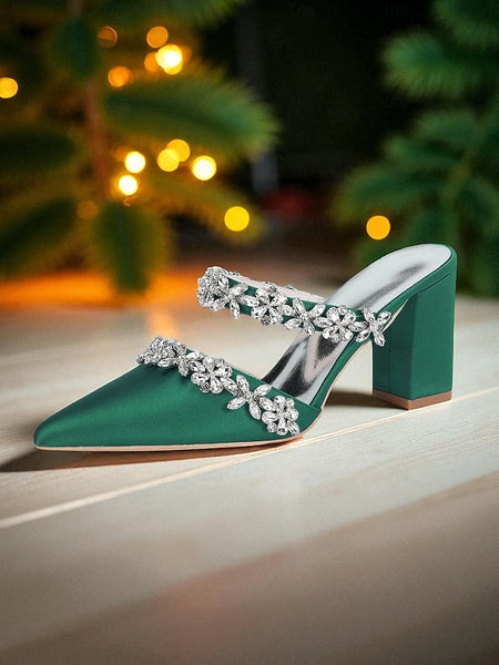 with Heel Mules Satin Floral Block Women's Black Rhinestone FashionChic