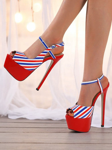 Striped White Platform Stiletto Blue Red Women's Heels and FashionChic
