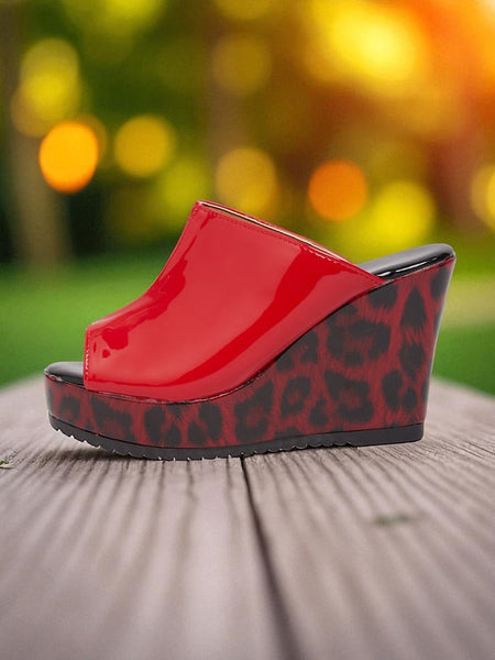 - Wedge Leather Sandals Toe Peep Leopard Red Women's Patent FashionChic