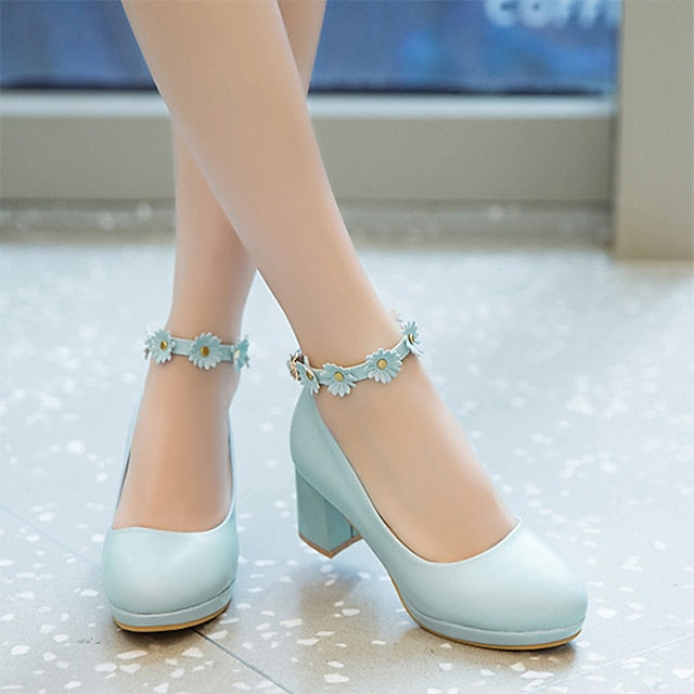 Girls' Daisy with Dress Flower Shoes Ankle Heel White Block FashionChic