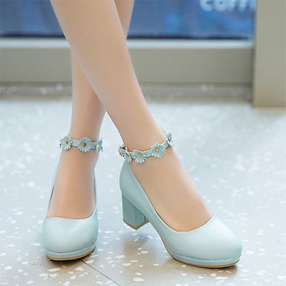 Girls' Daisy with Dress Flower Shoes Ankle Heel White Block FashionChic