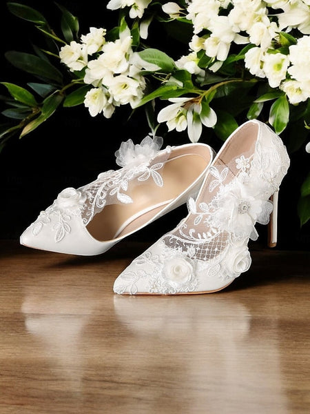 Lace White Wedding Shoes Embellishments Floral with FashionChic