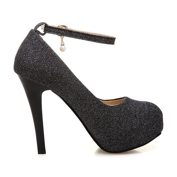Stiletto Silver Heels Women's Glitter Ankle with Platform FashionChic