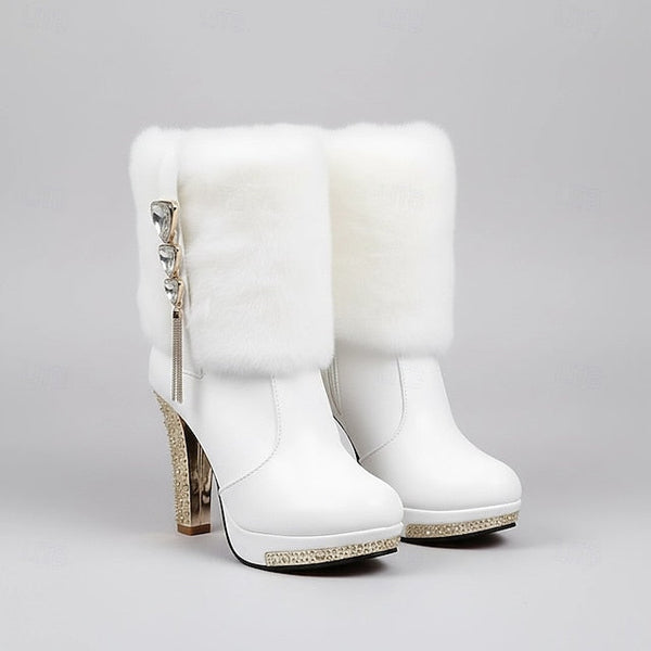 Heels White Ankle Boots - with Women's Faux Rhinestone Fur FashionChic