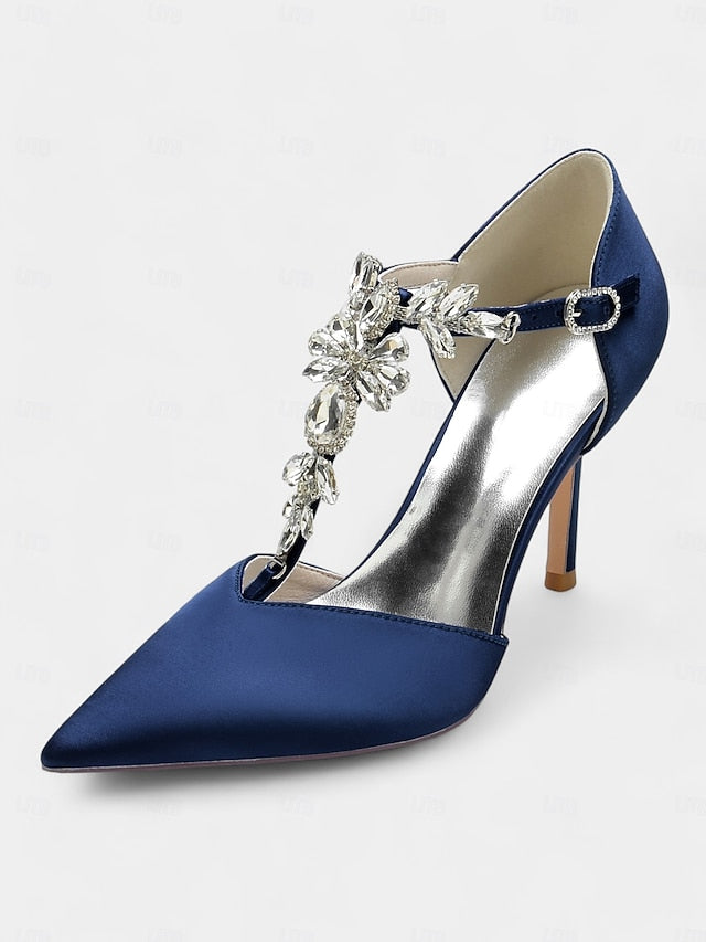 Heels Satin Blue Navy Toe – Pointed Women's T-Strap FashionChic