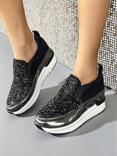 with Women's Black Glitter Metallic Slip-On Sneakers FashionChic