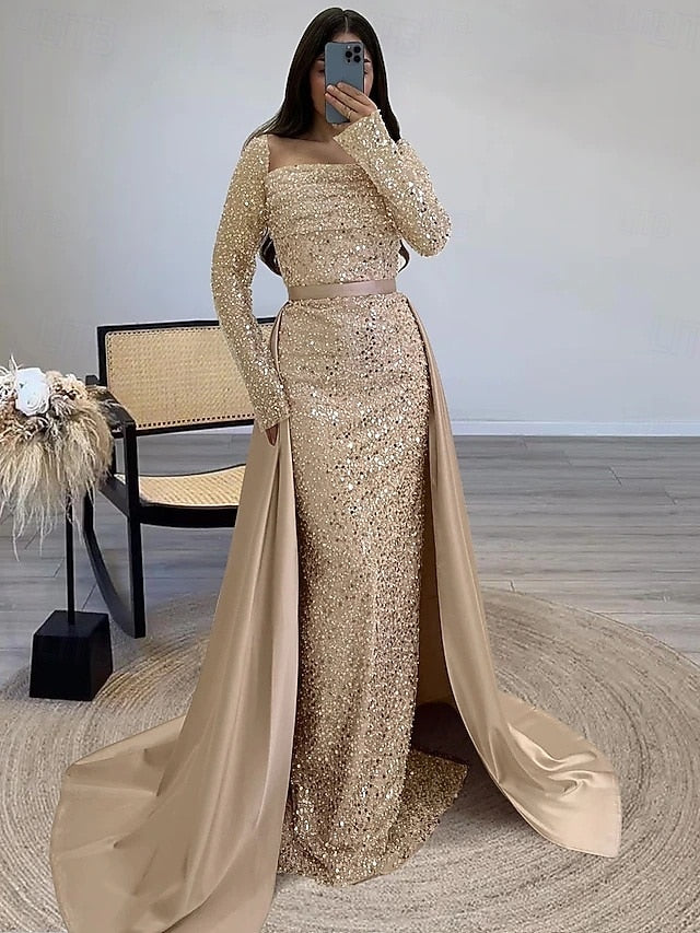 Evening Sequin Wedding A-Line Guest Formal Gown Elegant Dress FashionChic
