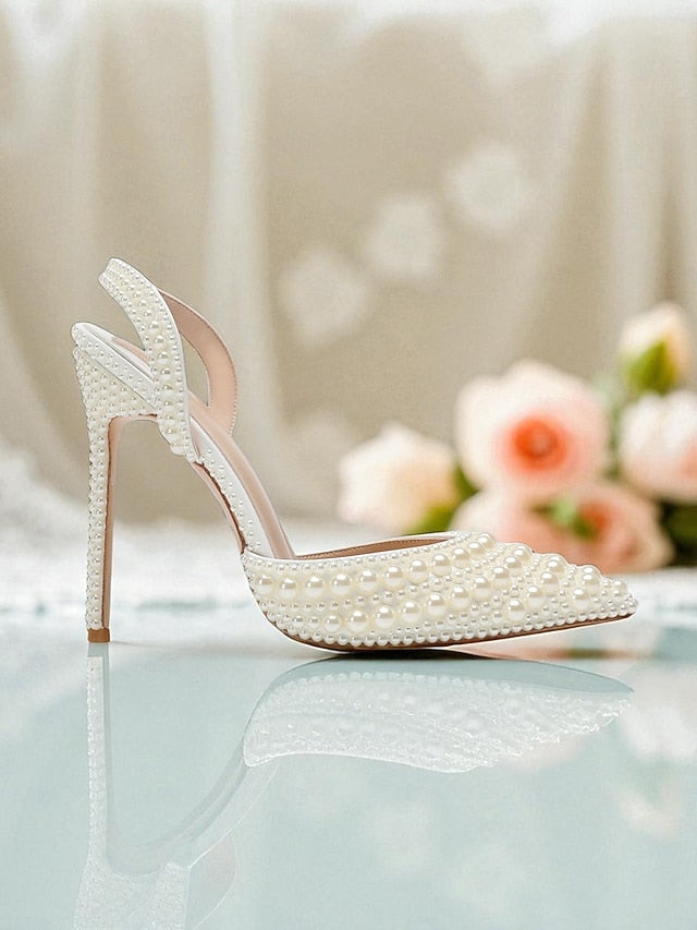 Women's Leather Pearl-Embellished - White Heels Slingback FashionChic