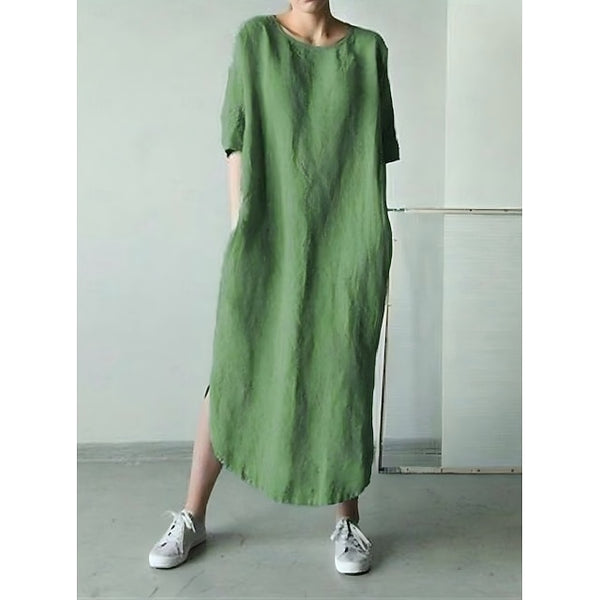 Women's Cotton Linen Midi Dress Shift Dress Summer Dress