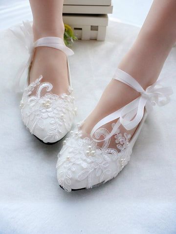 with Lace Shoes Ties - Ribbon Flats Wedding Elegant Bridal White FashionChic