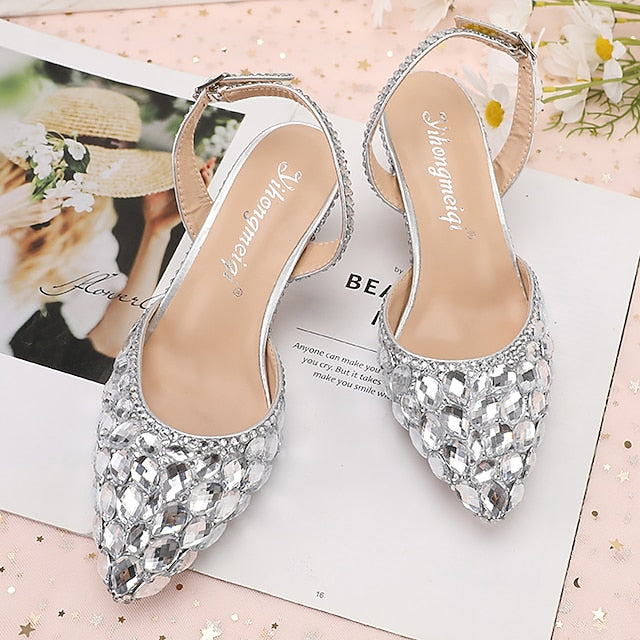 Rhinestone Slingback Heels Women's Crystal High Pointed-Toe FashionChic