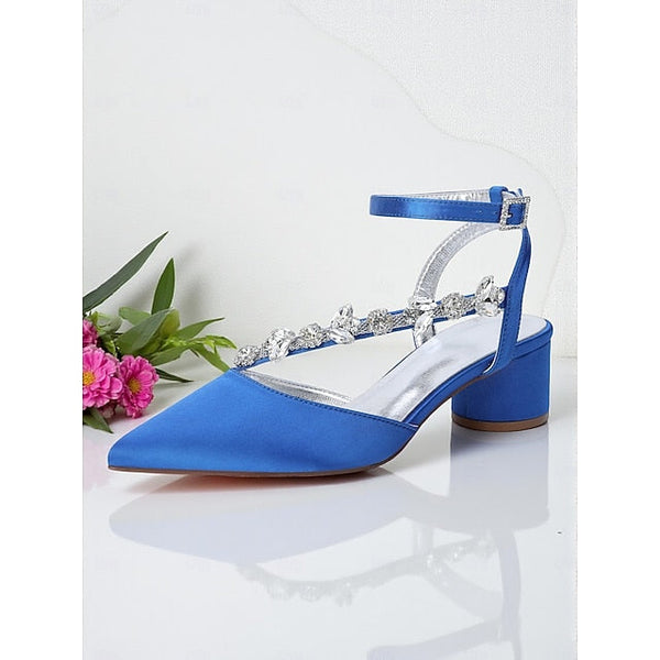 Purple Heel Pumps Women's Satin Block with Rhinestone FashionChic