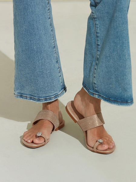 Flat with Women's Champagne Sandals Rhinestone Heel Slip-On FashionChic