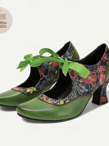Mary Heels Green with Jane Women's Print Leather Floral FashionChic