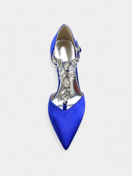 Heels Satin Blue Navy Toe – Pointed Women's T-Strap FashionChic