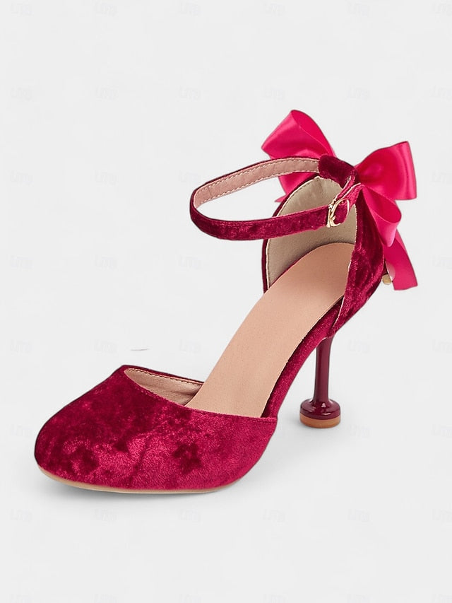 Bow Burgundy Big Velvet Mary and with Women's Heels Jane FashionChic