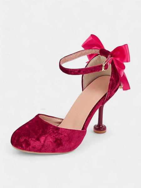Women's and Velvet Bow Big Mary Heels with Burgundy Jane FashionChic