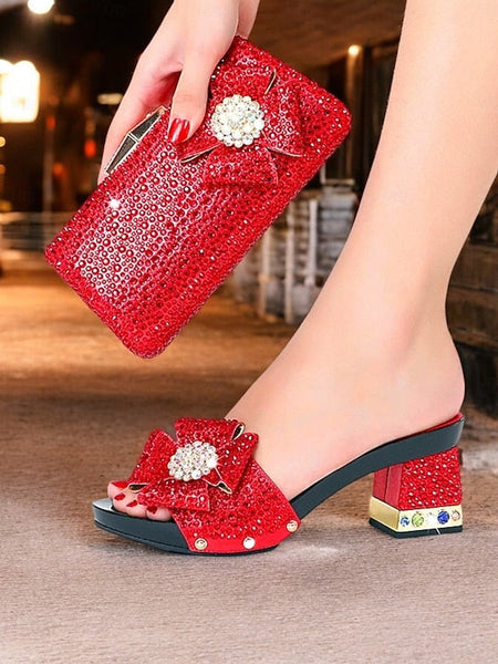 Clutch Heel Sparkling Bow Matching High with Sandals Rhinestone FashionChic