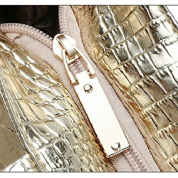 Bag Faux Large Tote Embossed Women's Croc Silver | Capacity FashionChic