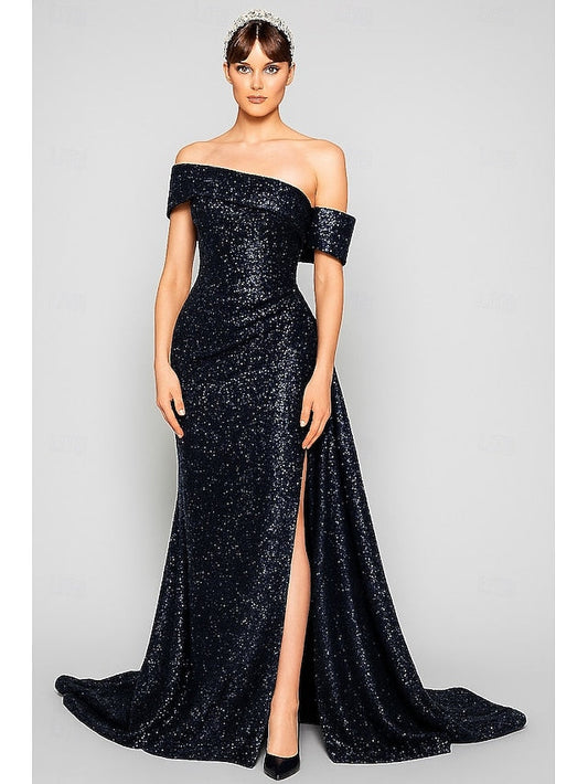 Evening Gown Sequined Black Carnival Elegant A-Line Blue Dress FashionChic