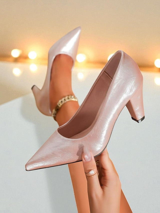 Heel Block Toe Women's Party Glossy Nude Pointed Pumps - FashionChic