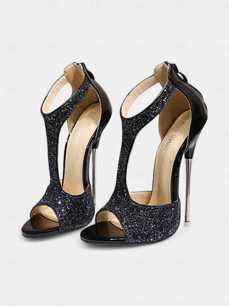 Glitter Stiletto Gold for with Toe Heels T-Strap and Design Open FashionChic