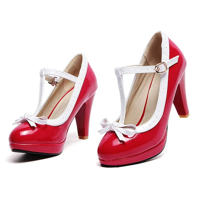 High T-Strap Patent Heels Women's Black White Leather with FashionChic